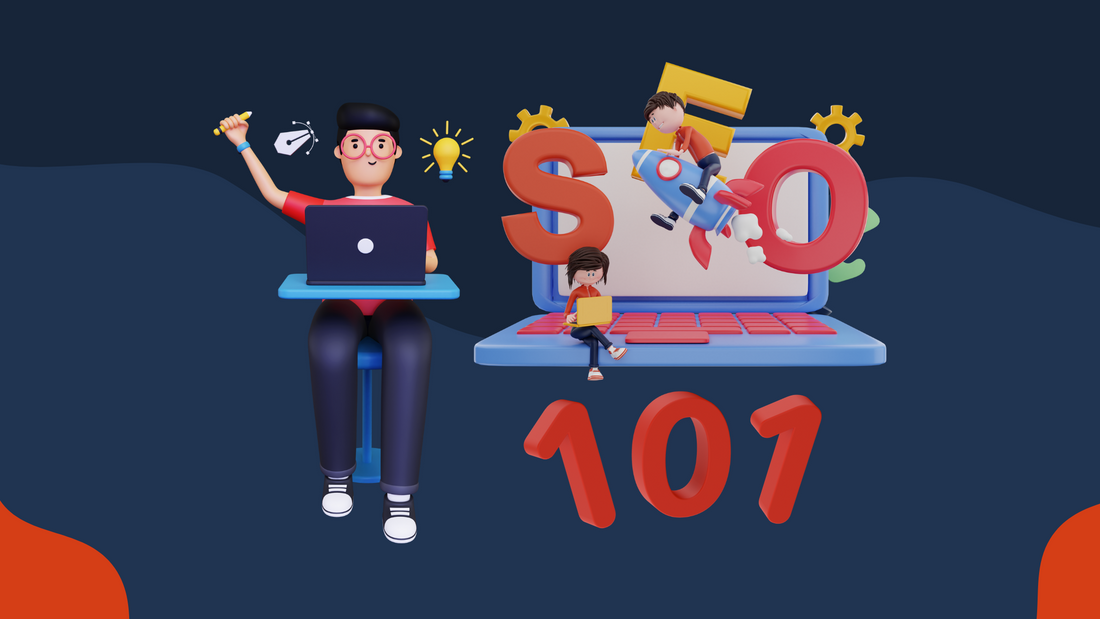 3D ILLUSTRATION OF A GUY WITH SEO 101